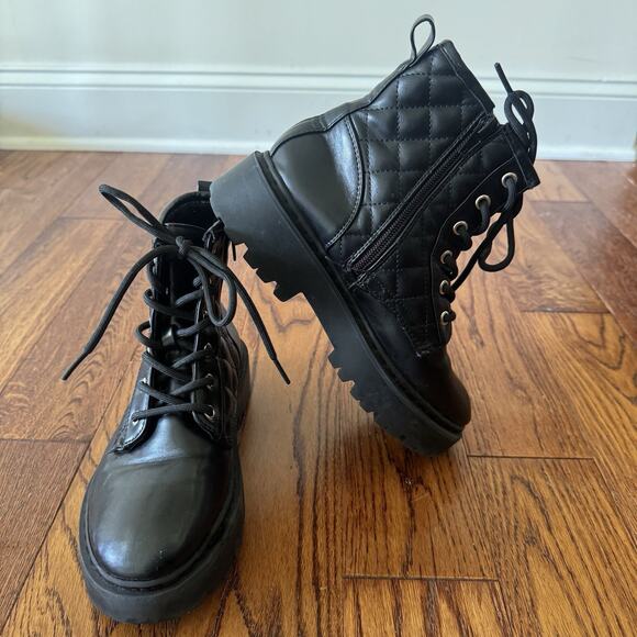 Steve Madden Quilted Black Boots Girls Size 2 Moto Biker Combat Lace Up Side Zip - Picture 1 of 15